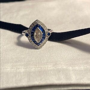 Beautiful ring silver 925 sterling size 8 teardrop blue/white cubic zirconia